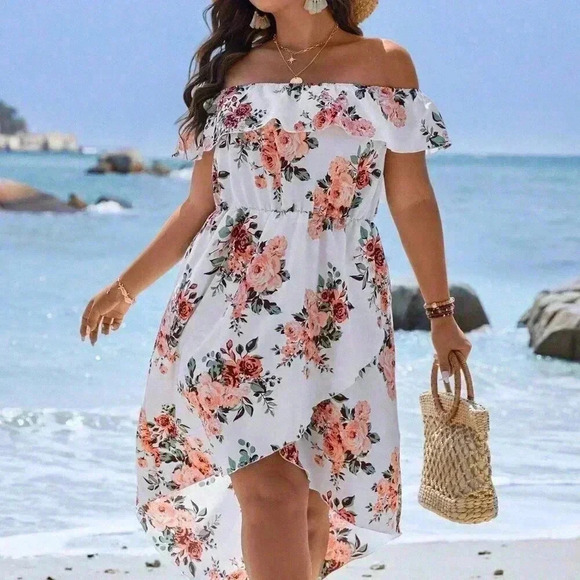 White Boho Women's Plus Size Floral Print Off Shoulder Wrap Hem Dress - Picture 3 of 4